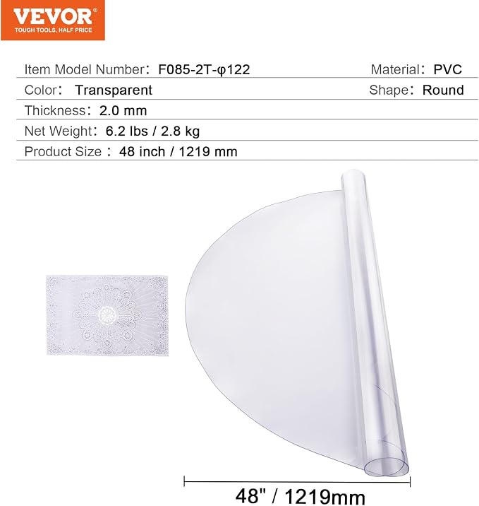 VEVOR Plastic Table Cover, 48 x 48 Inch 2.0 mm Thick Clear Round PVC Desk Mat - Image 7