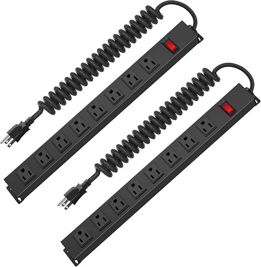 2Pack 8 Outlet Metal Wall Mount Power Strip, Mountable Outlet with Switch, Heavy Duty Wide Spaced Surge Protector, 10 FT SJT 14AWG Black Spring Cord.-DeskLoop Office