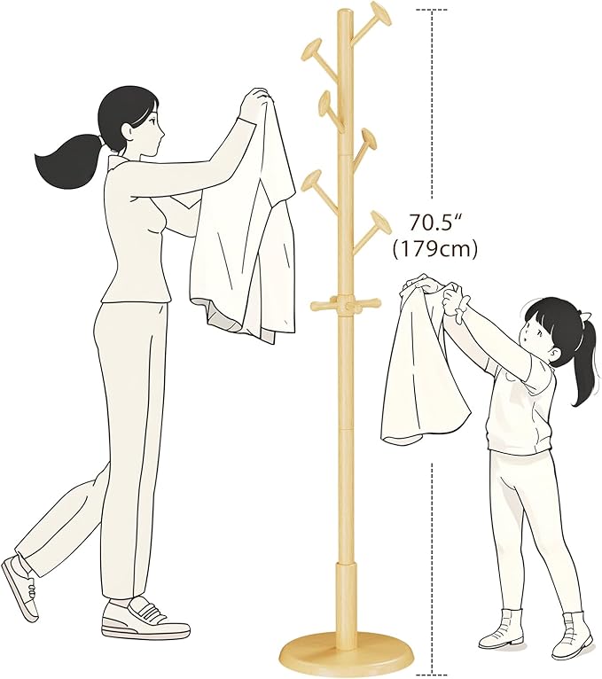 Solid Wood Coat Rack Freestanding Coat Tree with 10 Hooks for Bedroom, Livingroom, Entryway, Sturdy Coat Hanger Stand for Hats, Coats, Scarves, Handbags, Purses-DeskLoop Office