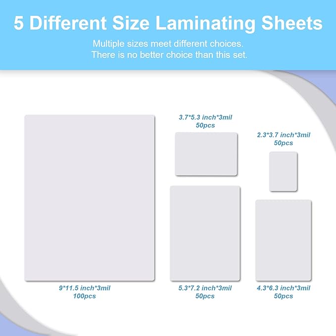 300 Pack 3 Mil Thermal Laminating Pouches, Plastic Laminating Sheets, 9 x 11.5 Inch, 5 x 7 Inch, 4 x 6 Inch, 3.7 x 5.3 Inch, 2.2 x 3.7 Inch for Letter, Photo, Note, ID Badge and Business Card Sizes-DeskLoop Office