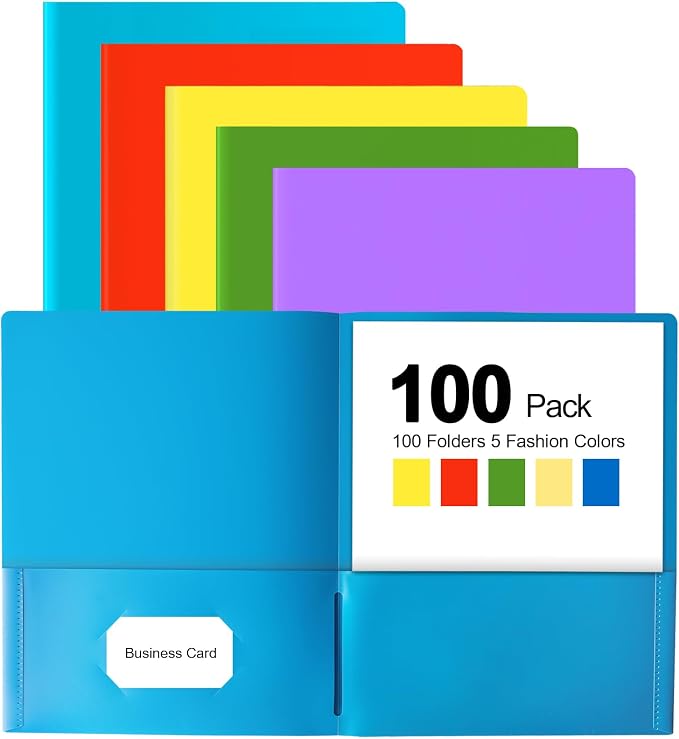 HABGP 100 Folders with Pockets, 5 Color Heavy Duty Plastic Two Pocket Folder by HABGP
