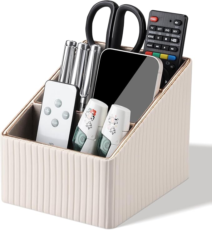 KINGFOM Remote Control Holder with 3 Compartments, Pu Leather Remote Caddy Desktop Organizer for TV, CD, Blu-Ray, Media Player, Heater Controllers and Cosmetics Office Supplies Light Beige-DeskLoop Office
