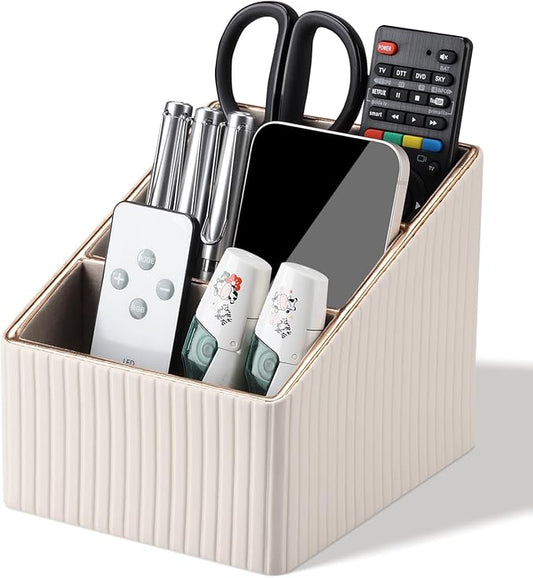 KINGFOM Remote Control Holder with 3 Compartments, Pu Leather Remote Caddy Desktop Organizer for TV, CD, Blu-Ray, Media Player, Heater Controllers and Cosmetics Office Supplies Light Beige-DeskLoop Office