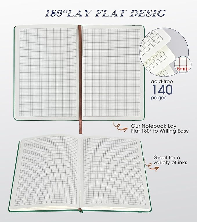 Biuwory A5 Hardcover Graph Paper Notebook, Grid Leather Journal - Image 5