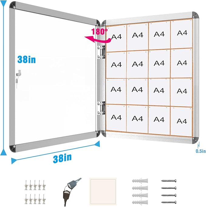 2 Pack 38"x38" Enclosed Bulletin Board, Lockable Weather-Resistant Aluminum Cork Noticeboard for School & Office, Silver Frame w/Cork-DeskLoop Office
