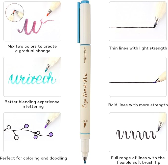 WRITECH Arts Sign Brush Pen Brush Tip Marker Felt Tip Water Based Ink Color Pens 12 Assorted Vintage Colors Great for Lettering Journaling Calligraphy (Vintage)-DeskLoop Office