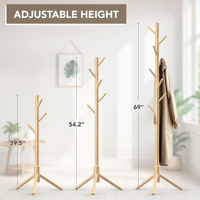 Wooden Tree Coat Rack Stand,Sturdy Freestanding Coat Rack with 8 Hooks,3 Adjustable Height for Child Adult,Wood Coat Stand Tree Fits Entryway Bedroom Office for Bags,Hats-DeskLoop Office