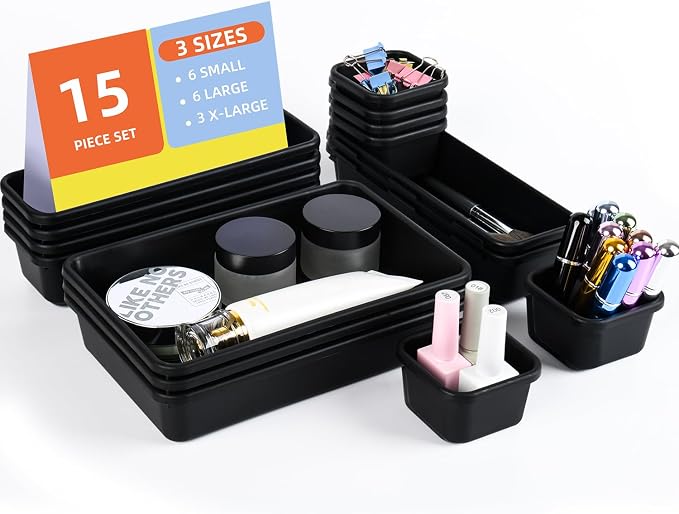 Kutesna 15 Piece Drawer Organizer Set, 3 Size Interlocking Plastic Storage Bins - Image 8