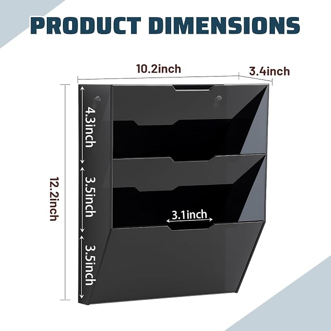 Chunful 3 Tier Mail Sorter Letter Wall Holder Black Acrylic Wall Mounted Mail - Image 2