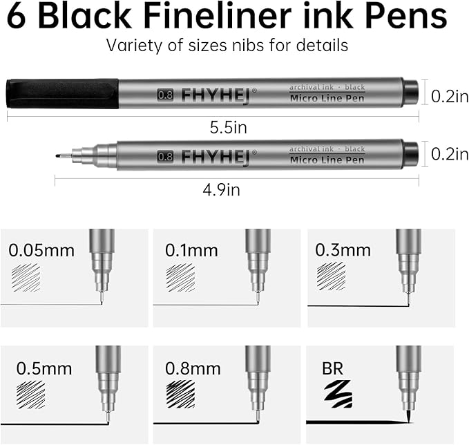 Micro Fineliner Drawing Art Pens: 6 Black Fine Line Ink Set Artist Supplies Archival Inking Markers Liner Professional Sketch Outline Anime Sketching Artist Illustration Watercolor-DeskLoop Office