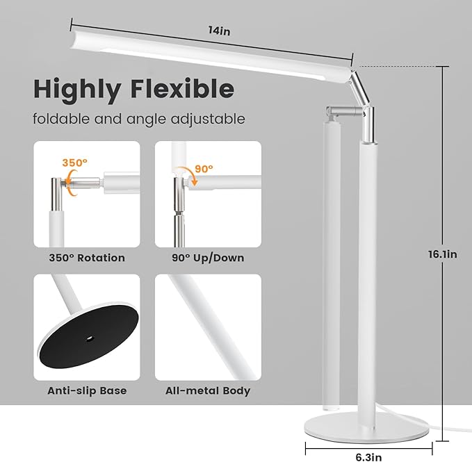 White LED Desk Lamp - Foldable Industrial Desk Light for Home Office, 15W Dimmable Table Lamp for Reading with Base, 4 Color Temps, 16" Eye Caring Metal Desktop Task Lamp for College Dorm Study-DeskLoop Office