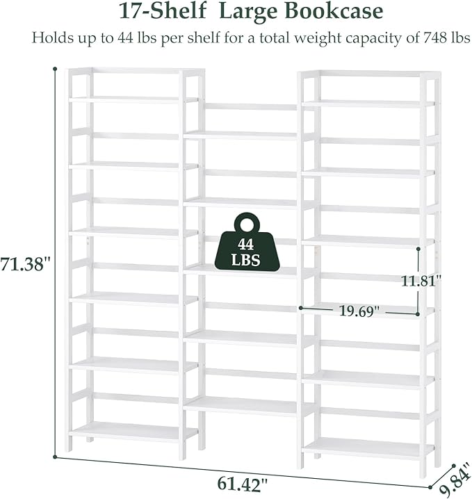 Homykic Bamboo Triple Wide Shallow Bookshelves and Bookcases, 6-Tier 6ft Tall Bookshelf with 17 Open Display Shelves, Super Large Freestanding Book Shelf for Home Office, Bedroom, Living Room, White-DeskLoop Office