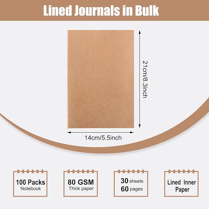 EOOUT 100pcs Lined A5 Kraft Notebook, Journals - Image 2