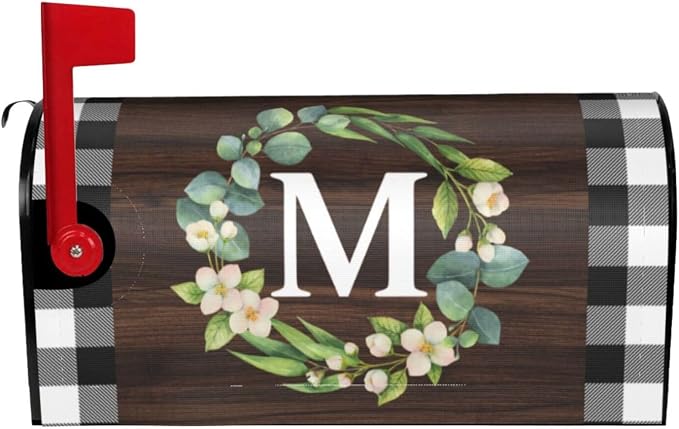 Wreath Monogram Letter M Mailbox Covers, Buffalo Plaid Outdoor Magnetic Mailbox by Yomane