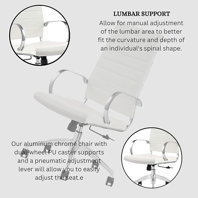 Ribbed High Back Conference Room Chairs - Lumbar Support, Modern Style Executive Home Office Chair - 360 Swivel Rolling Wheels - Aluminum Chrome Frame & Base- White Office Chair (Pack of 1)-DeskLoop Office