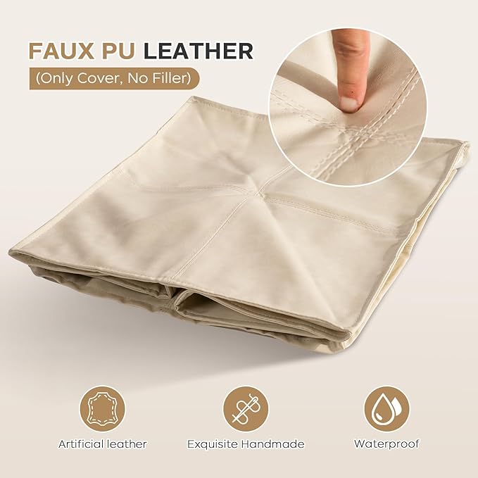 17.7" Square Unstuffed Pouf Ottoman Cover, Pu Leather Poufs Cube Foot Stool Poofy Ottomans Footrest, Decorative Casual Footstool for Living Room, Perfect to Rest Your Feet, Only Cover No Filler, Beige-DeskLoop Office