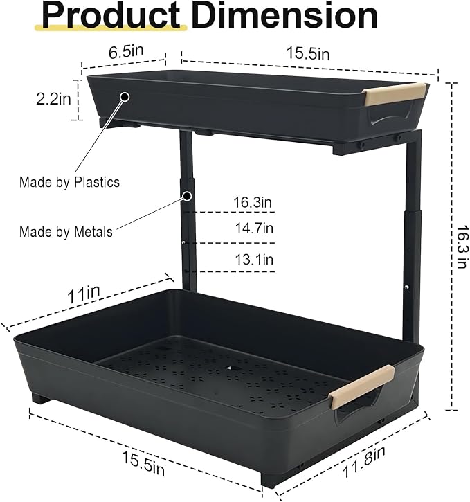 AMEDELE Under Sink Organizer, 2 Tier Pull Out Adjustable Height Under Cabinet - Image 2