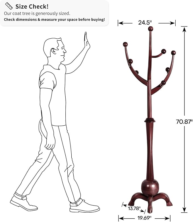 Coat Rack Freestanding Wood Tree Rack with 8 Hooks, Creative Design Tree Branch-look, Coat Tree Clothes Hanger Stand with Stable Sphere Base for Entryway, Hallway, Bedroom (Wine Red)-DeskLoop Office