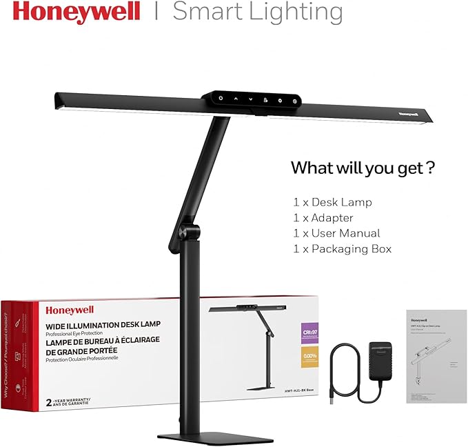 Honeywell LED Desk Lamp with Base - HJ1BK Sunturalux Eye-Caring Architect Desk Lamp for Home Office, 1200LM Computer Desk Light 4 Color Modes Stepless Dimming Task Desk Light with Timer Function Black-DeskLoop Office