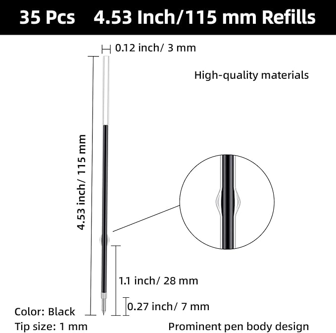 4.53 Inch Retractable Ballpoint Pen Refills, 1 mm Medium Tip Ink Pen Refills - Image 2