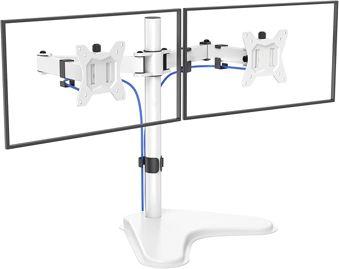 HUANUO 32 inches Dual Monitor Stand up to 17.6lbs, High-Grade Aluminum Free-Standing Dual Monitors Mount for 2 Screens. Fully Adjustable Dual Monitor Stand for Desk with Tilt, Swivel, Rotation, White-DeskLoop Office