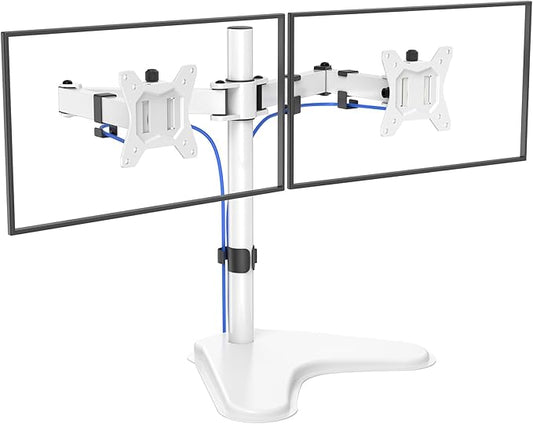 HUANUO 32 inches Dual Monitor Stand up to 17.6lbs, High-Grade Aluminum Free-Standing Dual Monitors Mount for 2 Screens. Fully Adjustable Dual Monitor Stand for Desk with Tilt, Swivel, Rotation, White-DeskLoop Office