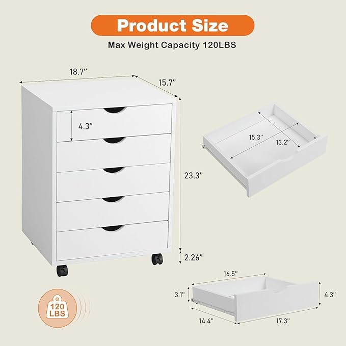 5 Drawer Chest, Dressers Storage Cabinets Wooden Dresser Mobile Cabinet with Wheels Room Organizer, Small Drawers Wood Organization Furniture for Office, Home-DeskLoop Office