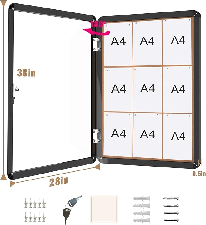 38"x28" Enclosed Bulletin Board, Lockable Weather-Resistant Aluminum Cork Noticeboard for School & Office, Black Frame w/Cork-DeskLoop Office