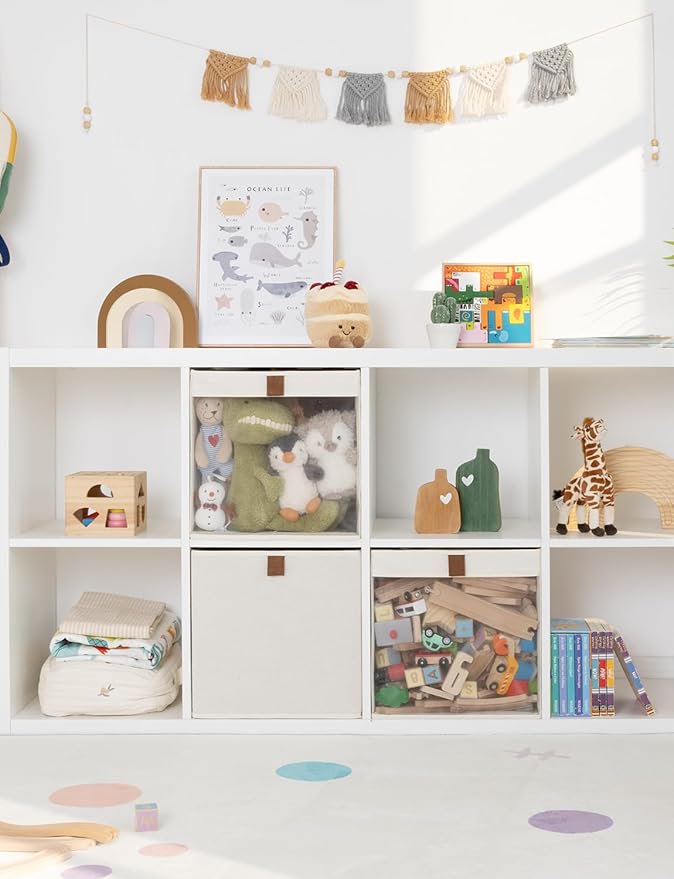 StorageWorks 13x13 Storage Cubes, Closet Storage Bins with Clear Window, Large Fabric Organizer for Clothes, Collapsible Storage Baskets with PU Handles, Beige, 3-Pack-DeskLoop Office