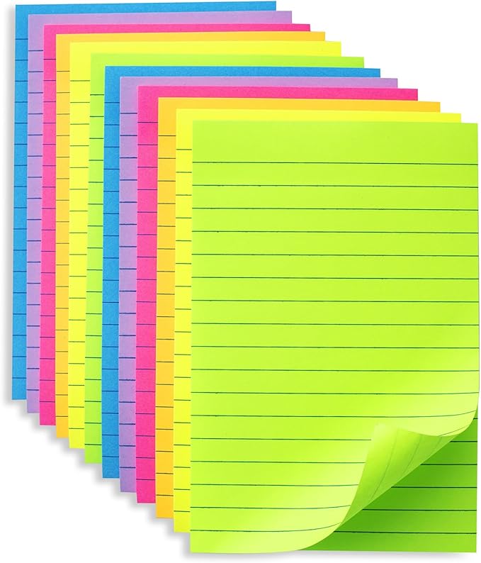 (12 Pack) Lined Sticky Notes 4x6 in Ruled Stickies Super Sticking Power Memo Pads Bright Colors-DeskLoop Office