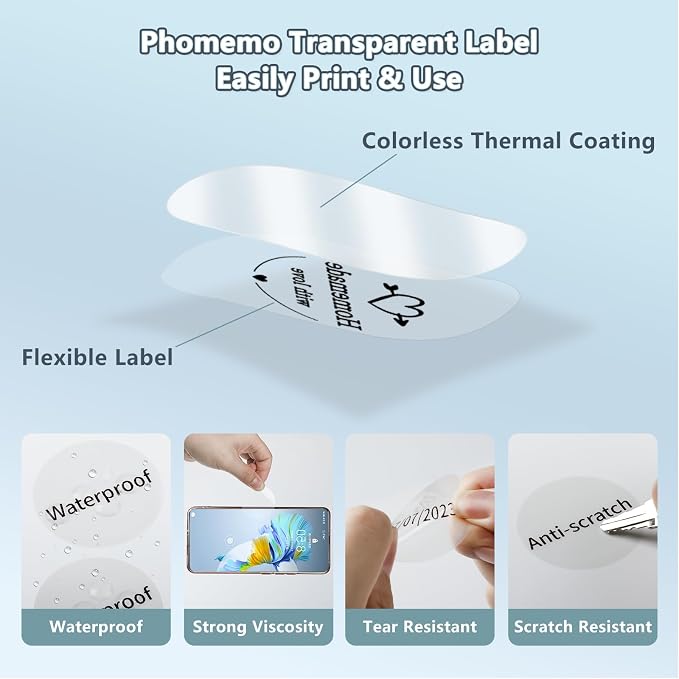 Phomemo Transparent Thermal Labels, Self-Adhesive, 1.57"x1.57", 180 Labels/Roll - Image 4