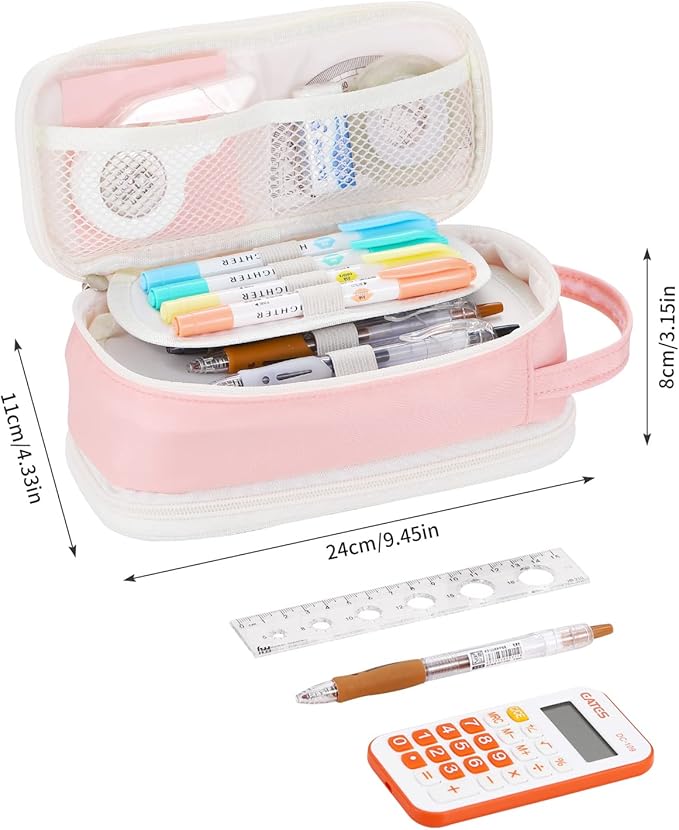 Dugio Big Pencil Case for Girls Teens Kids Zipper Pencil Pouch with Handle Organizer Pencil Bag Aesthetic Pencil Box for School Pink-DeskLoop Office