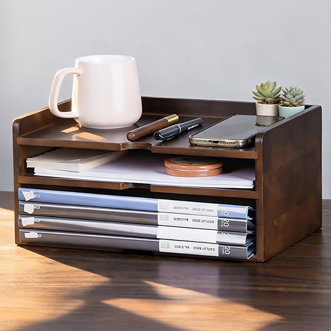Wooden Desk Organizer with Dark Wood Finish, Stackable Paper Tray & File Holder by GroveMindooOfficeStorage