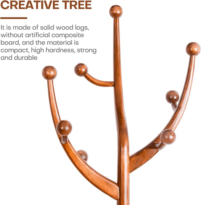 Coat Rack Freestanding Wood Tree Rack with 8 Hooks, Creative Design Tree Branch-look, Coat Tree Clothes Hanger Stand with Stable Sphere Base for Entryway, Hallway, Bedroom - Load 160lbs (Light Brown)-DeskLoop Office