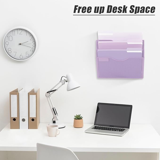 EASEPRES 3 Pocket Mesh Hanging Wall File Organizer, Wall Mounted Mail Paper Document Folder Holder, Clipboard Storage Organization Magazine Rack with Nametag Label for Office Home School, Light Purple-DeskLoop Office