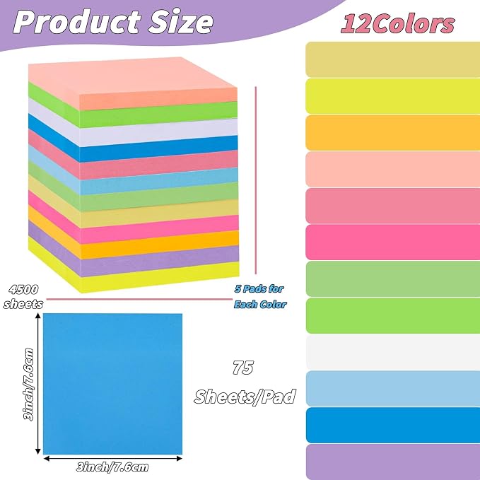 60 PCS Sticky Notes Bulk 3x3 Inch Colorful Sticky Notes 75 Sheets/Pad 12 Colors - Image 2