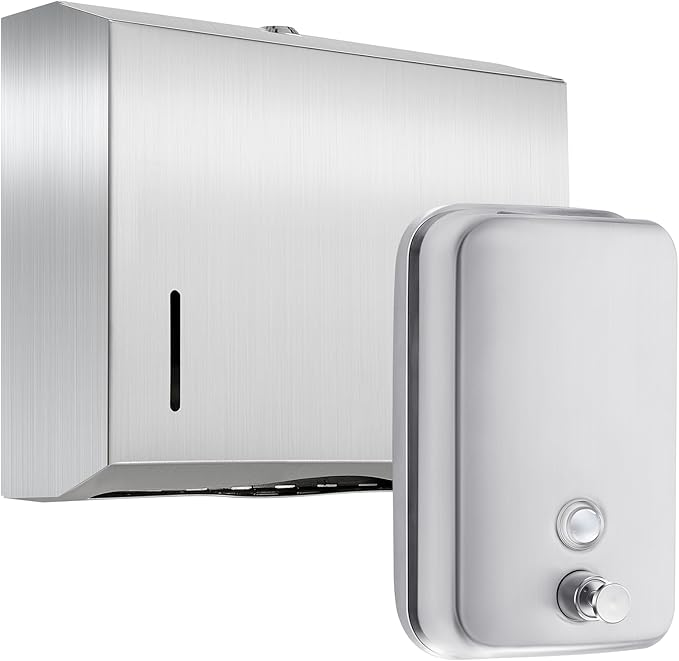 2 Pcs Commercial Soap Dispenser and Paper Towel Dispenser Set with Lock-Stainless Steel,Wall Mount,Large Capacity Manual Liquid Pump Rust Proof Leak Free for Home Bathroom (500 ml,Style 2)-DeskLoop Office