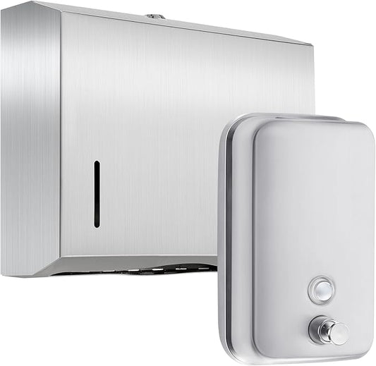 2 Pcs Commercial Soap Dispenser and Paper Towel Dispenser Set with Lock-Stainless Steel,Wall Mount,Large Capacity Manual Liquid Pump Rust Proof Leak Free for Home Bathroom (500 ml,Style 2)-DeskLoop Office