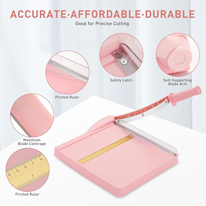 Paper Cutter, Paper Slicer with Safety Guard and Blade Lock, 12" Cut Length Guillotine Paper Cutter with 16 Sheet Capacity, Paper Cutters and Trimmers for Cardstock Cardboard (Pink)-DeskLoop Office