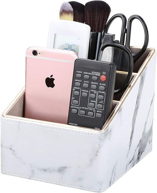 KINGFOM Remote Control Holder with 3 Compartments, Pu Leather Remote Caddy Desktop Organizer for TV, CD, Blu-Ray, Media Player, Heater Controllers and Cosmetics Office Supplies (White Marble)-DeskLoop Office