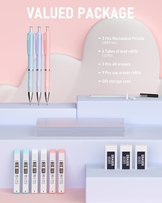 Nicpro 3PCS Pastel Mechanical Pencil Set, 0.5 Mechanical Pencils - Image 6