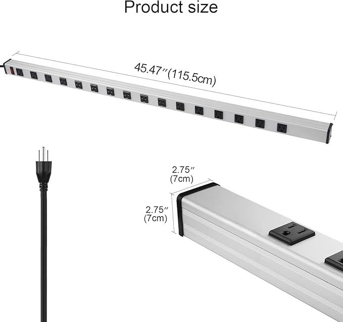 16 Outlet Plugs Heavy Duty Metal Power Strip, Aluminum Workshop Socket with 10 FT Long Cord and Power Switch. 15A, 125V, 1875W Silver-DeskLoop Office