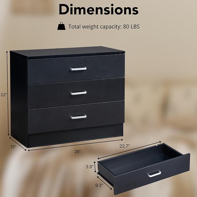 Karl home 3 Drawer Dresser, Modern Storage Chest of Drawers, Wood Bedside Table Night Table for Bedroom,Living Room (Black)-DeskLoop Office