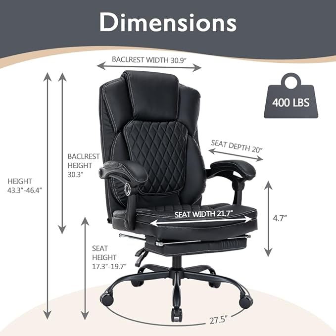 Ergonomic Office Chair with Foot Rest, Executive Chair with Footrest PU Leather Computer Chair, Big and Tall Chair Reclining Desk Chair, Thick Padded Coil Spring Seat, 400 lbs Capacity (Black)-DeskLoop Office