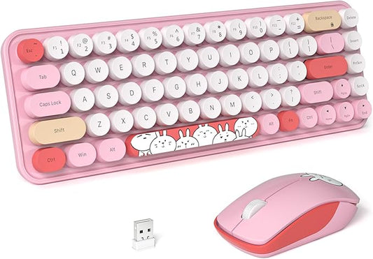 FOPETT Wireless Keyboard and Mouse Cute Mouse and Keyboard 2.4G Wireless Keyboards with Colorful 68 Keys Typewriter Retro Round Keycap for PC, Laptop,Tablet,Computer Windows - Pink Colorful-DeskLoop Office