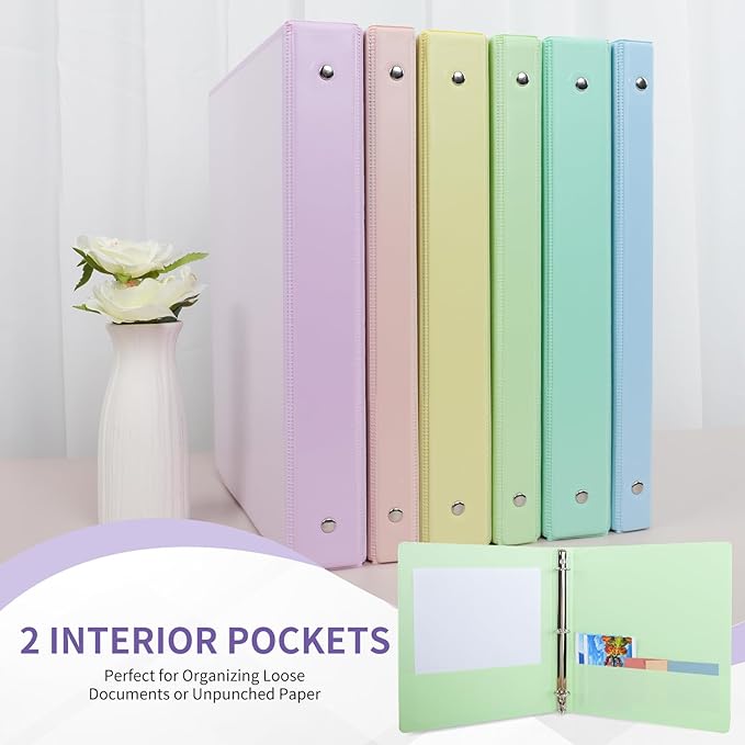0.5 inch 3-Ring Binder, 1/2 inch Round Ring Binder with 2 Inside Pockets, Clear View Cover Binders Holds 8.5'' x 11''Paper，Pastel Color Binders for Office/Home/School Supply, 6 Pack-DeskLoop Office