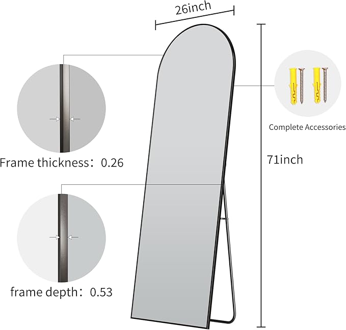 Full Body Mirror 26x71 inch Arched Full Length Mirror with Stand Aluminum Wall Mounted Hanging or Leaning Standing Mirrors,Black-DeskLoop Office