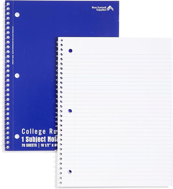 Blue Summit Spiral Notebooks Bulk, One Subject Spiral Notebook College Ruled, Perforated Notebook, 8 x 10.5 for Work and School, Paper, College Ruled, Bulk 12 Pack-DeskLoop Office