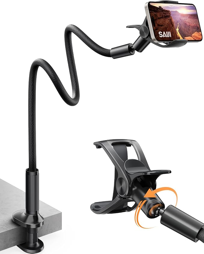 SAIJI Gooseneck Phone Holder for Bed Overall Length 38.6” Flexible Leather by SAIJI