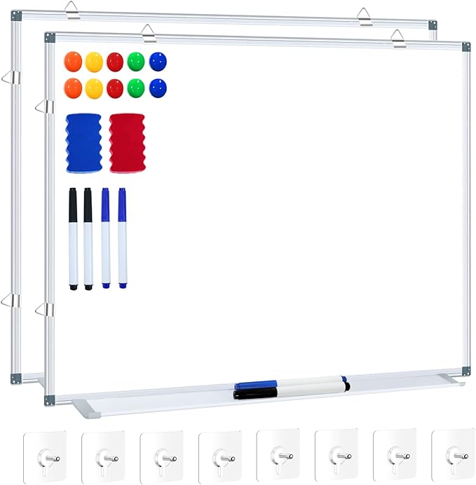 H-Qprobd White Board Dry Erase Whiteboard for Wall 24x18 (2pcs) Magnetic Boards for Office Classroom & Home, Small Wall Whiteboard Including 6 Markers, 10 Magnets, 2 Erasers & 10 Adhesive Hooks-DeskLoop Office